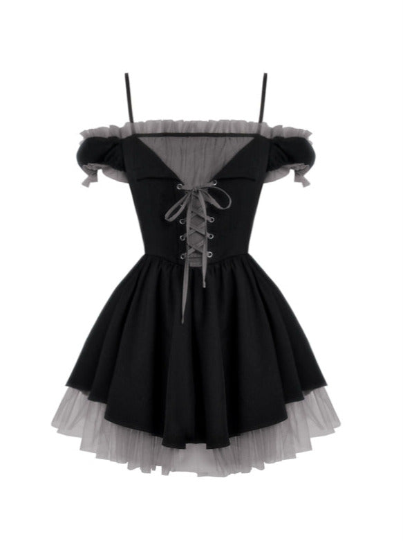 Lace-up layered tulle dress