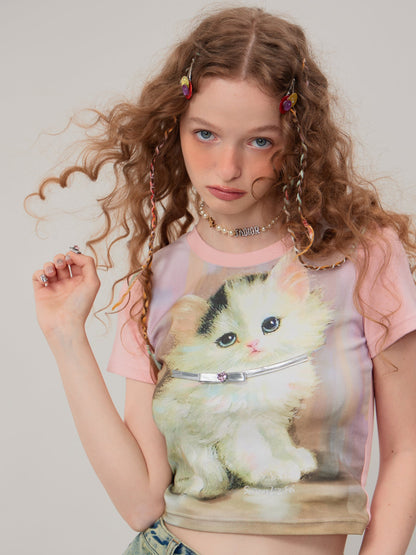 Retro Pink Cat Short Sleeve T-Shirt