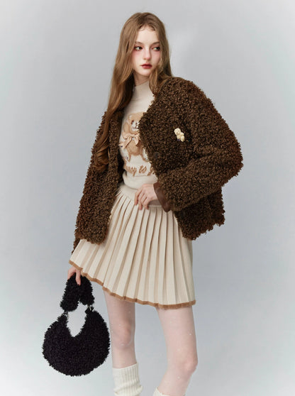 Warm Brown Black Plush Short Jacket