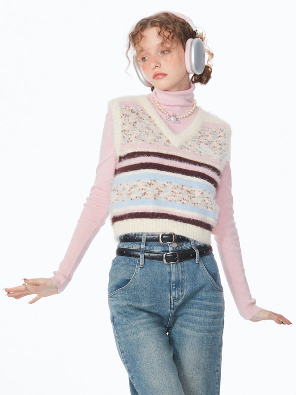 Retro Color Stripe V-neck Vest