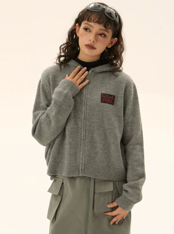 Short hooded knit cardigan sweater outer