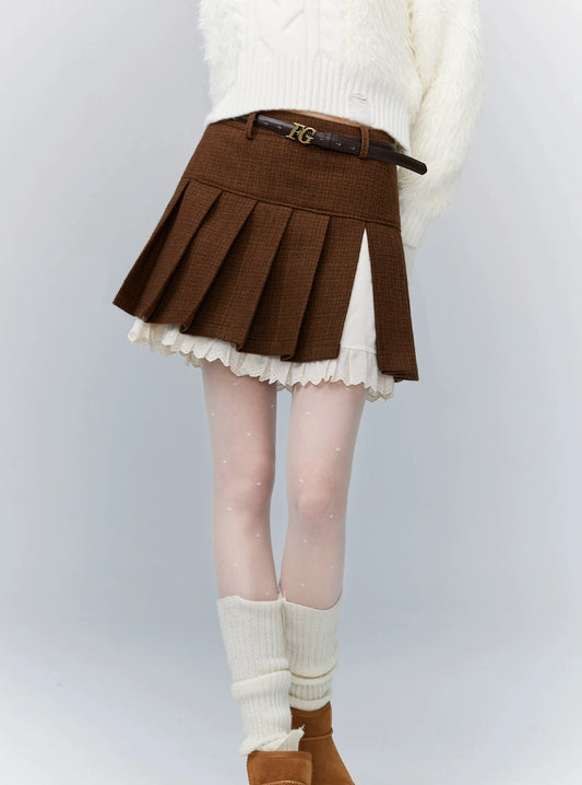 Brown Plaid Pleated Skirt