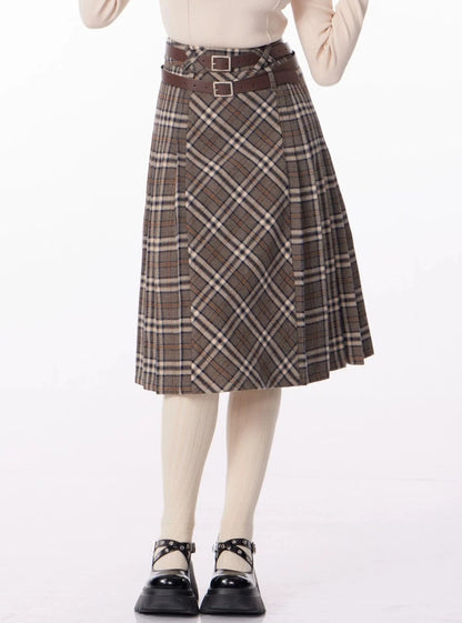 A-line plaid thickened pleated midi length Skirt