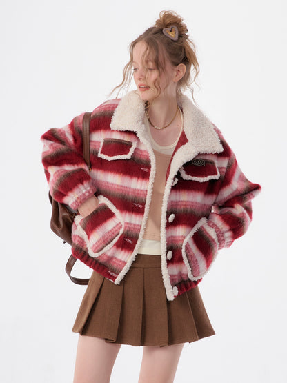 American lamb wool collar striped woolen coat