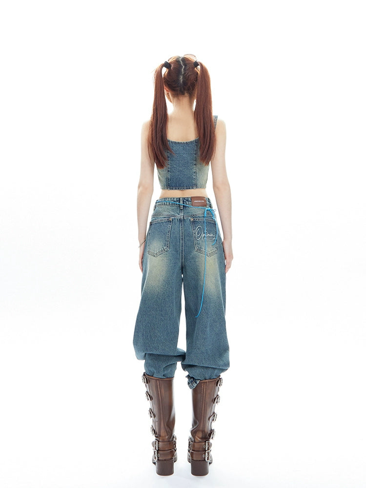 American Denim Vest Wide Leg Pants Set