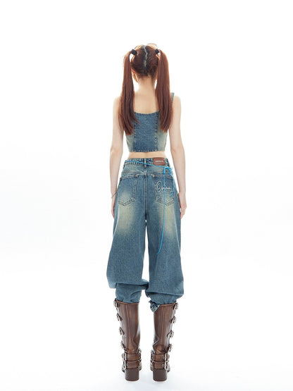 American Denim Vest Wide Leg Pants Set