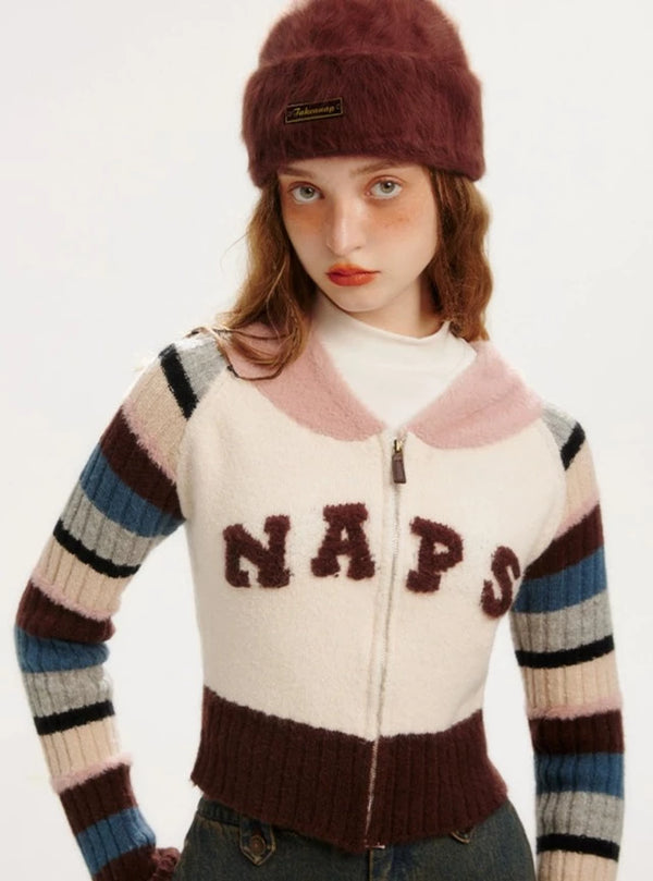 Retro Rainbow Stripe Wool Hooded Zipper Knitted Cardigan Coat