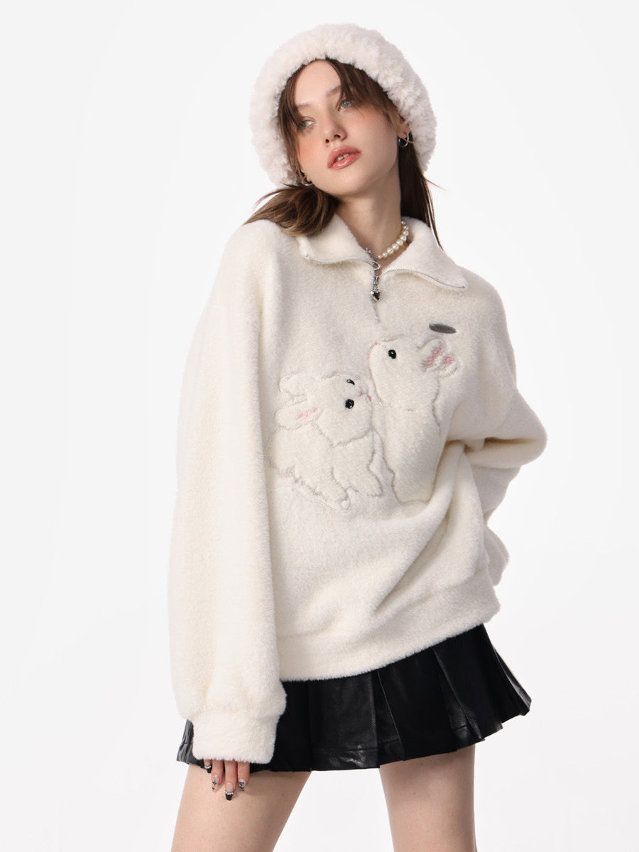 Semi-zipper Loose Rabbit Turtleneck Sweater