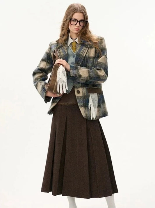 Tweed blazer pleated skirt Set-up