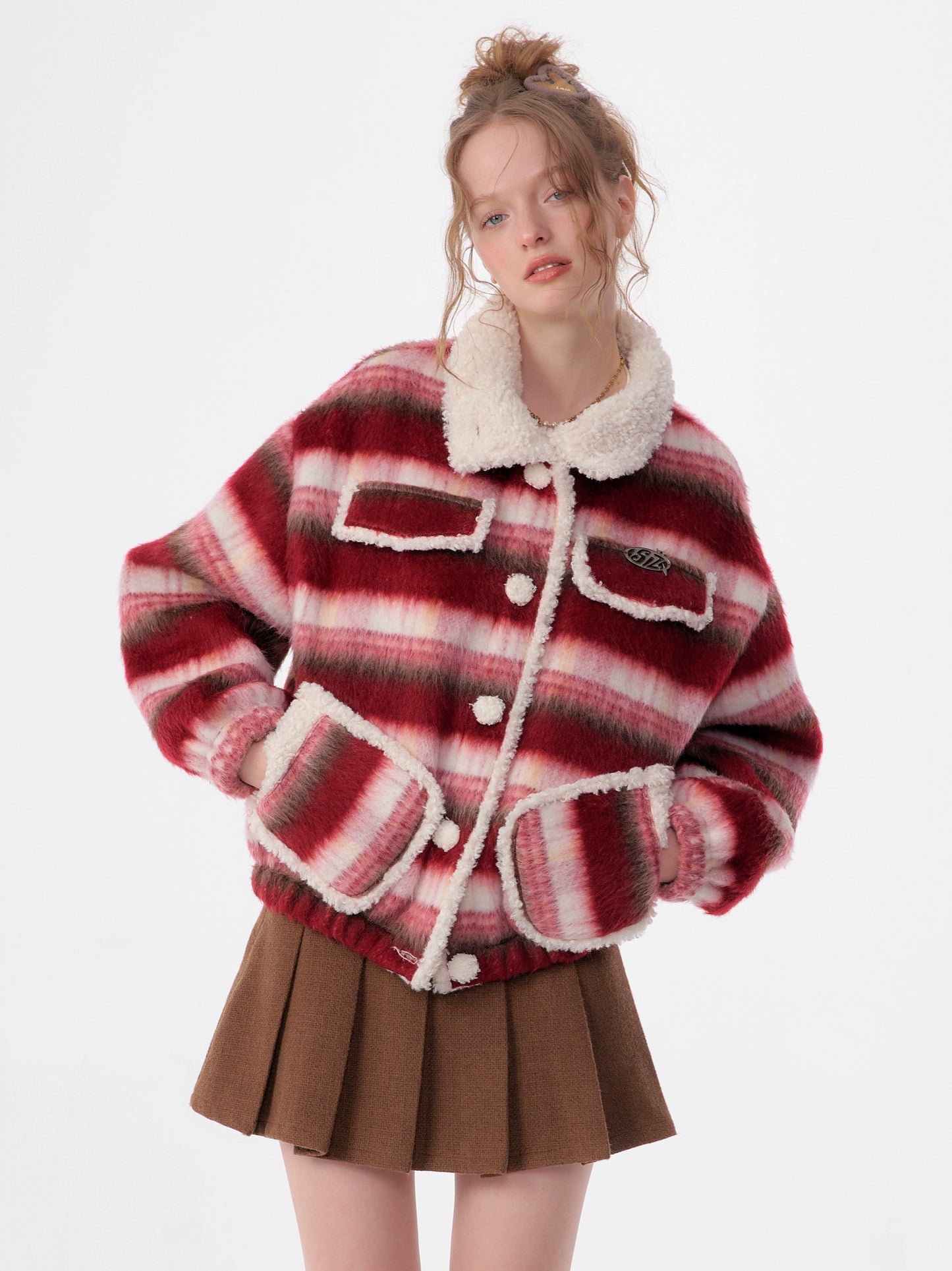 American lamb wool collar striped woolen coat