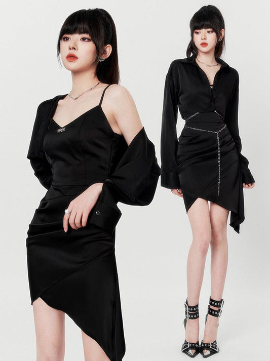 Black Satin High End Waist Chain Shirt Jacket + Ile-hem Asymmetrical Cami Dress