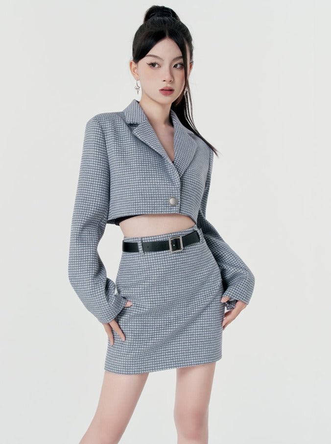 Retro Linen Blue Short Jacket + Tight Skirt