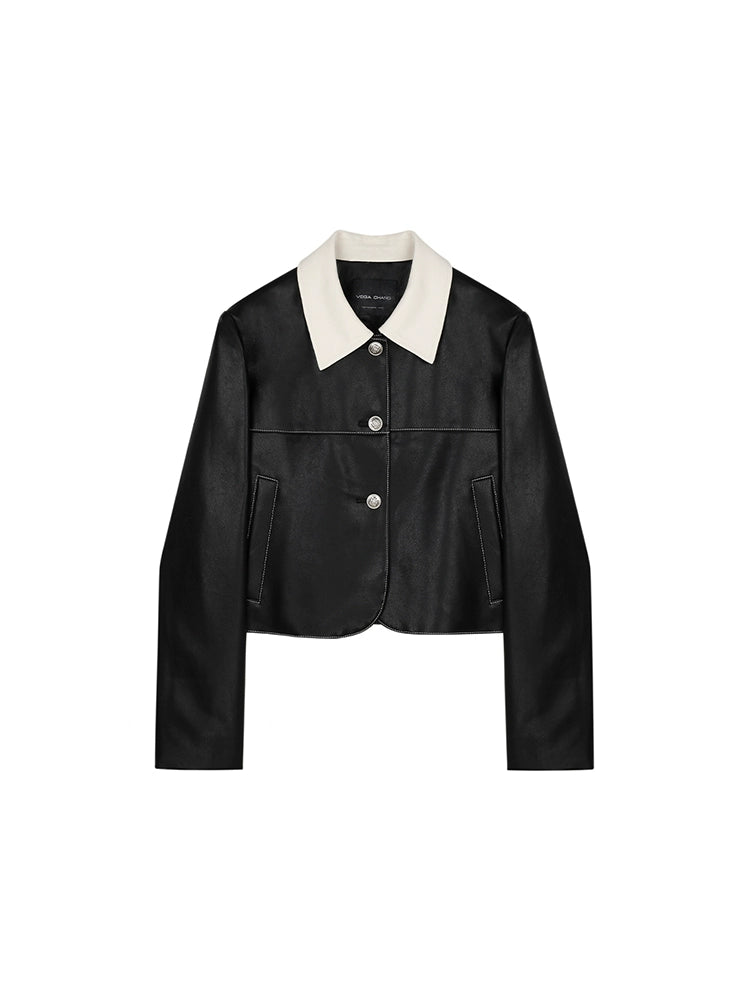 Retro color-blocked lapel short leather jacket