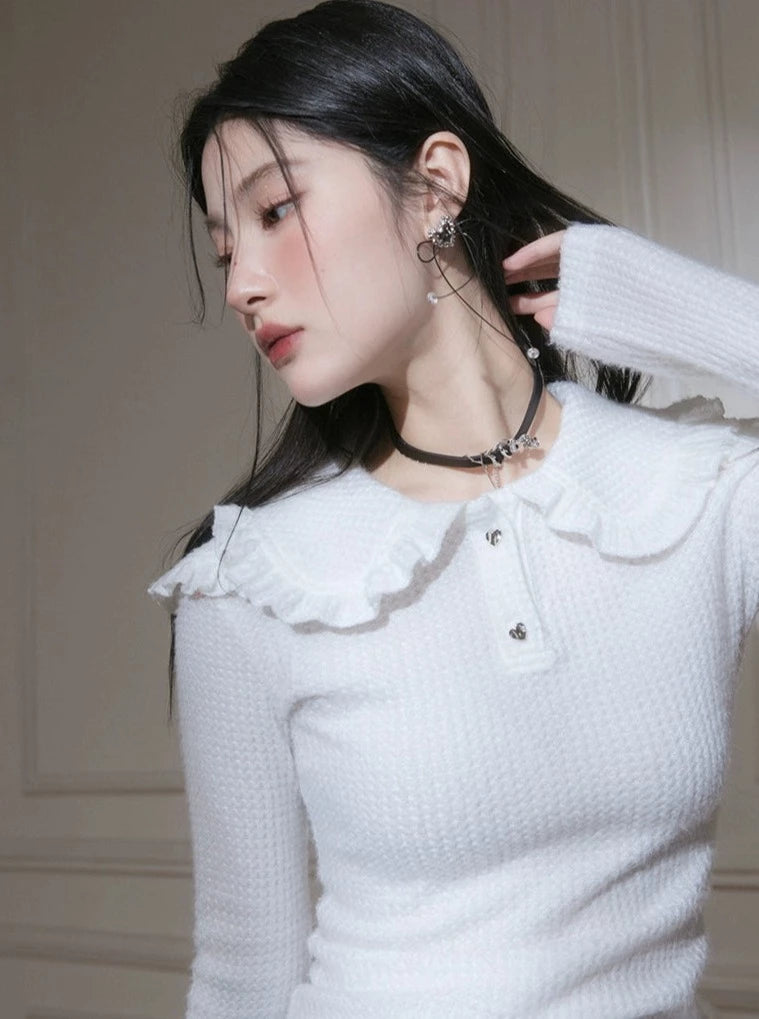 double layer ruffle collar knitted stretch shirt