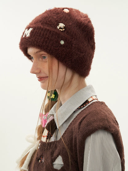 Button Plush Knit Hat