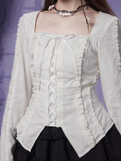 French Sweet White Square Neck Shirt