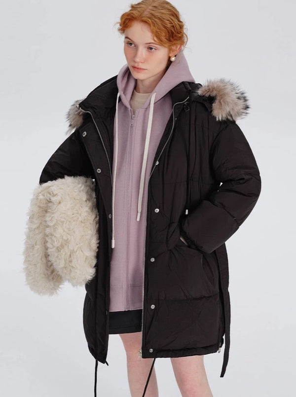 Loose Fur Collar Midi Down Jacket