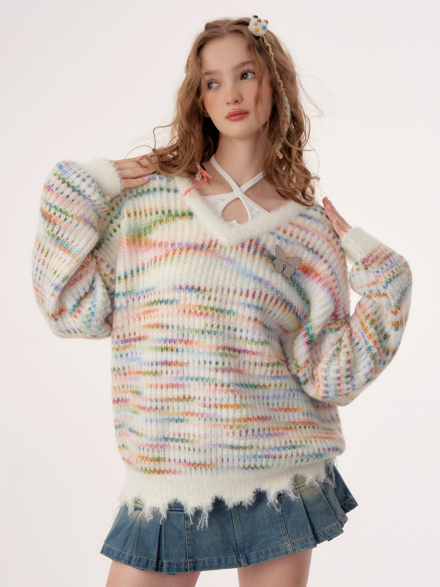 American glutinous striped V-neck sweater