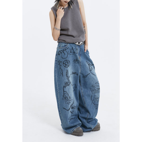Illustration Print Wide Denim