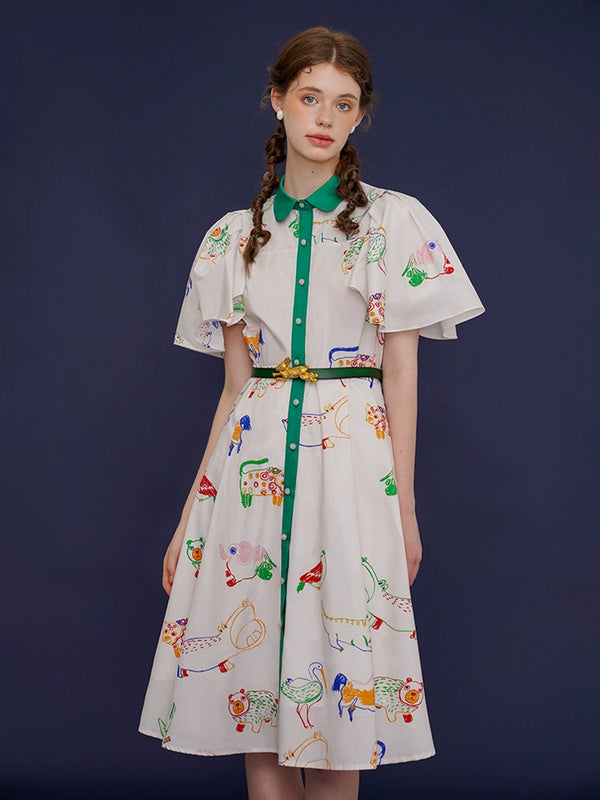 French Vintage Bird Graffiti Dress