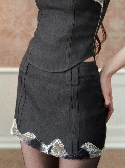 Lace Stitched Blazer Skirt Two-Piece Set