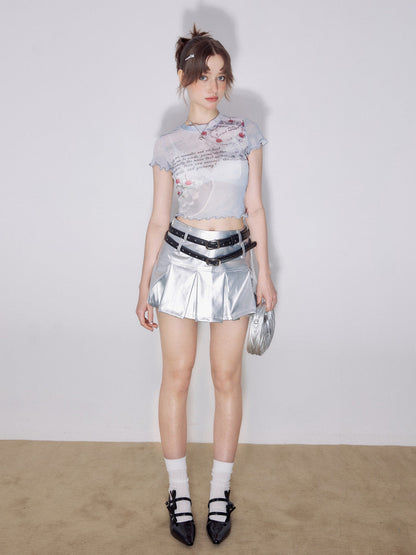 Double Belt Silver Pleated Skirt