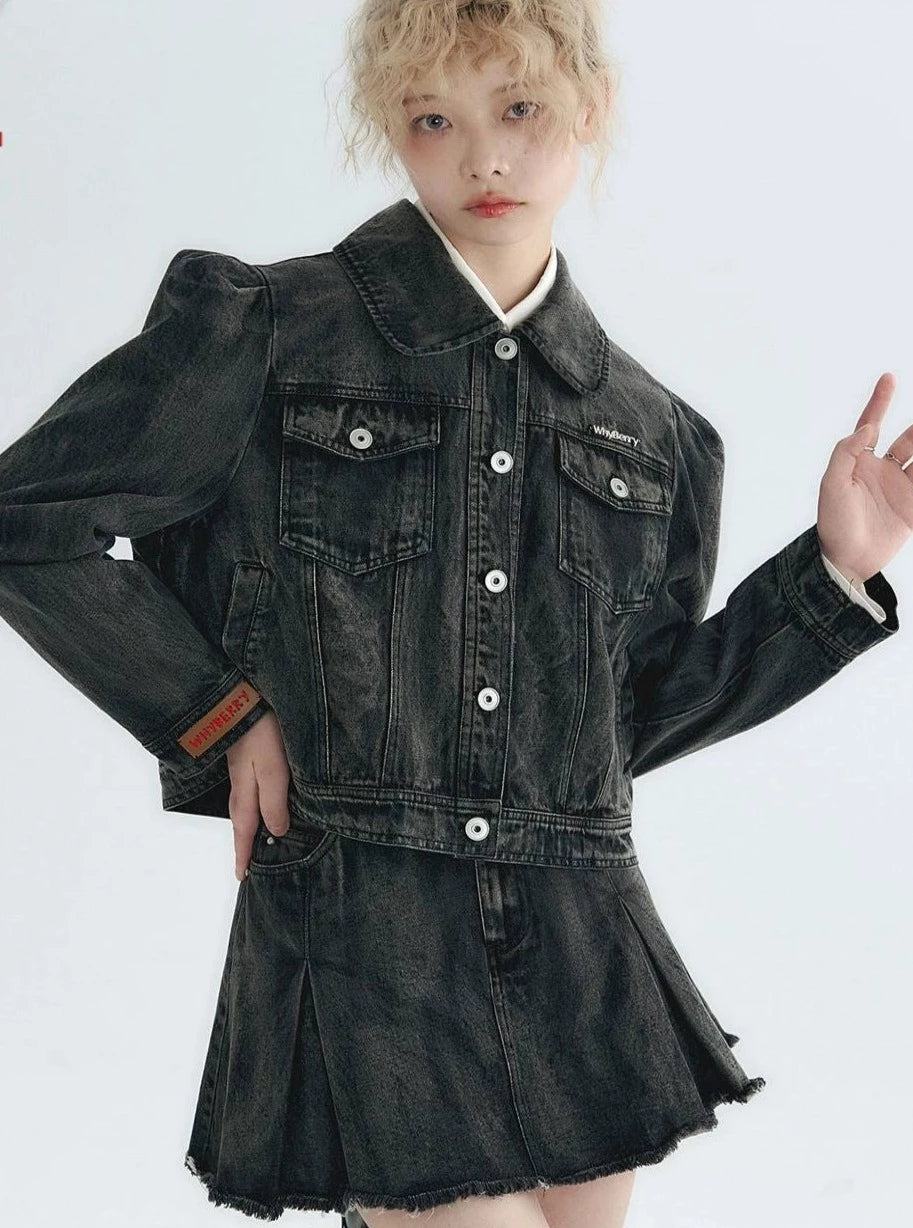 Puff Sleeve Short Denim Jacket Set