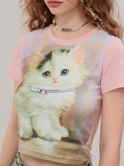 Retro Pink Cat Short Sleeve T-Shirt