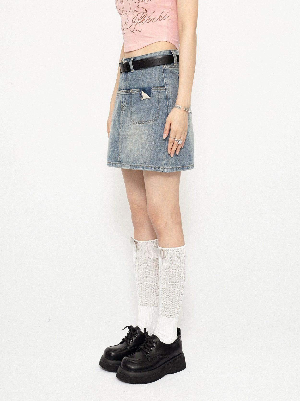 Pocket Slit Flap Design Denim Skirt