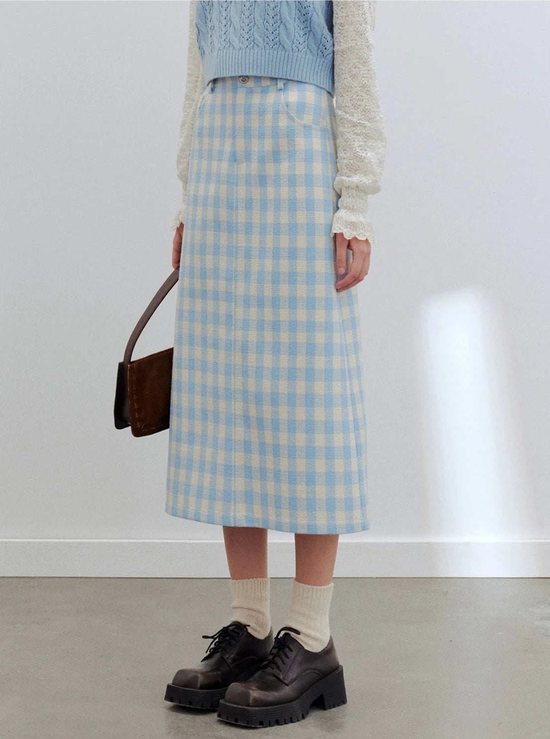 Blue and white striped A-line long skirt