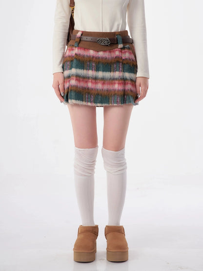 High-waisted thin red woolen tweed plaid short Skirt