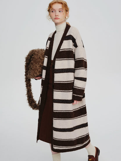 Retro mid-length striped knitted jacket