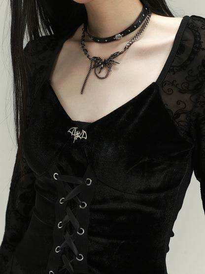 Retro Long Sleeve Velvet Black Dress