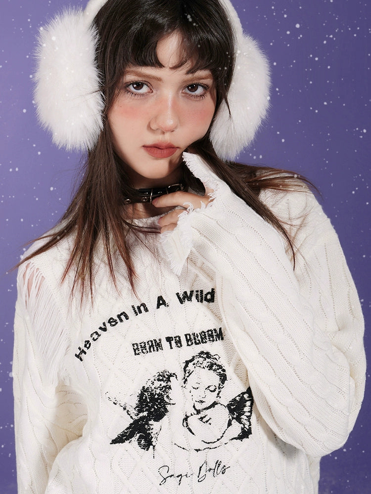 Angel Print Ripped Pullover Sweater