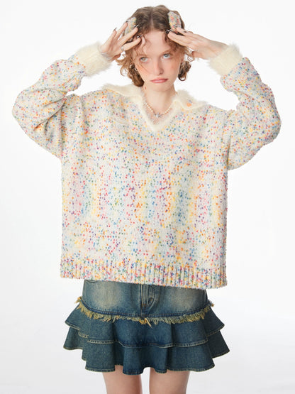 Vintage rainbow grain polo V-neck sweater