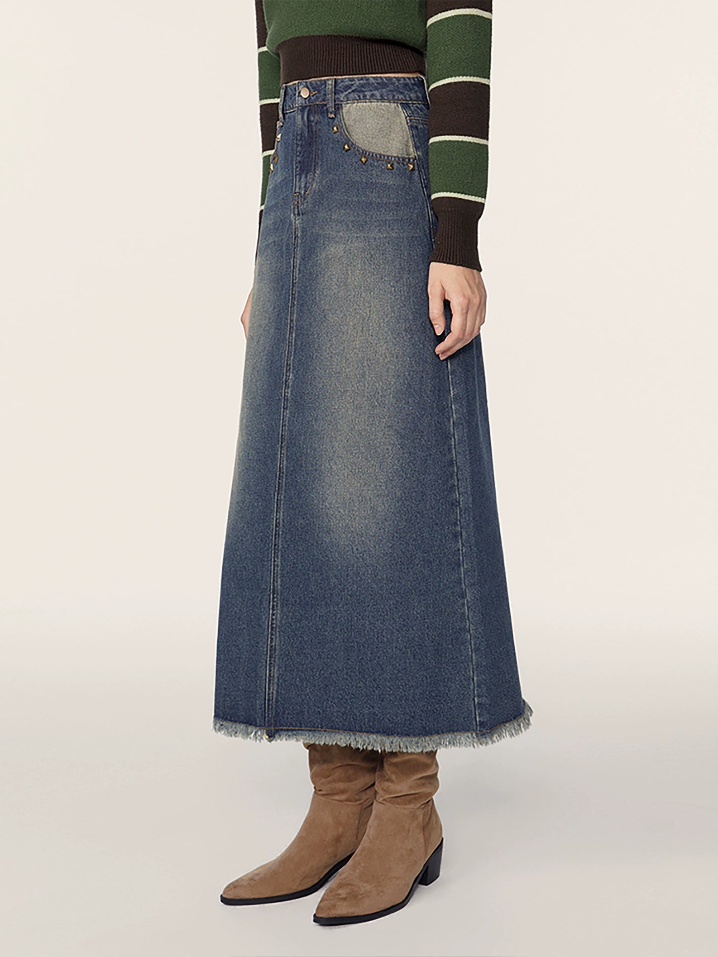 Midi Washed Denim A-Line Skirt