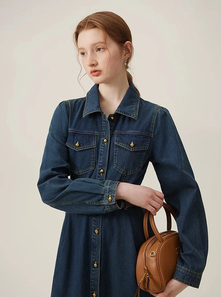 French Vintage Long Sleeve Denim Dress