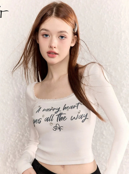 DIAMOND LETTER LACE WHITE LONG SLEEVE T-SHIRT