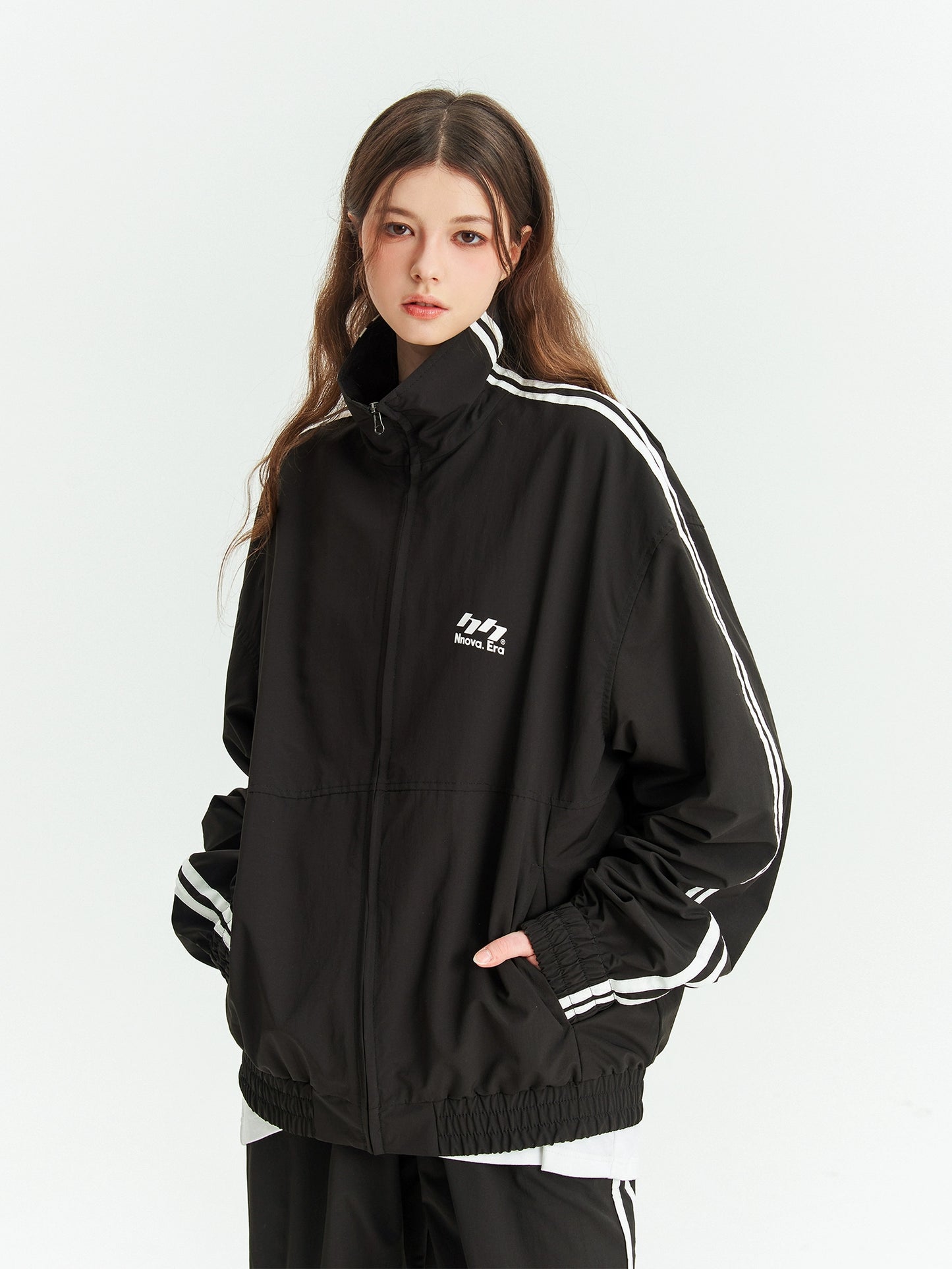 Stand up collar striped track jacket