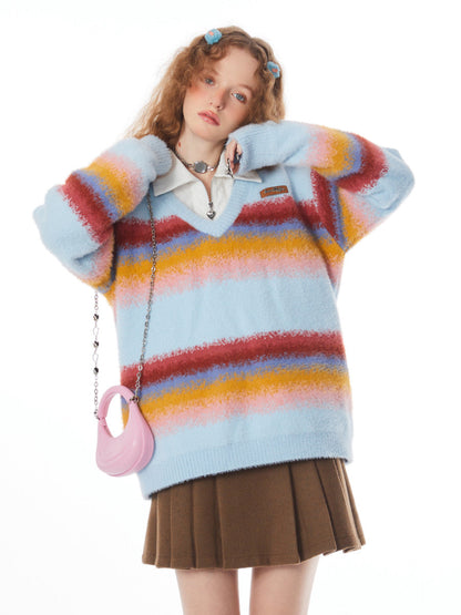 Stitching Rainbow stripes V-neck Sweater