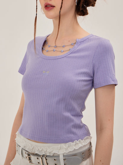 Beaded Necklace U Neck Knit Short Sleeve