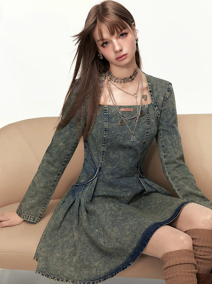 Hong Kong Style Retro Square Neck Denim Dress