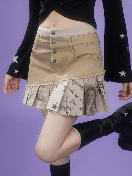 Star print waist contrast pleated skirt