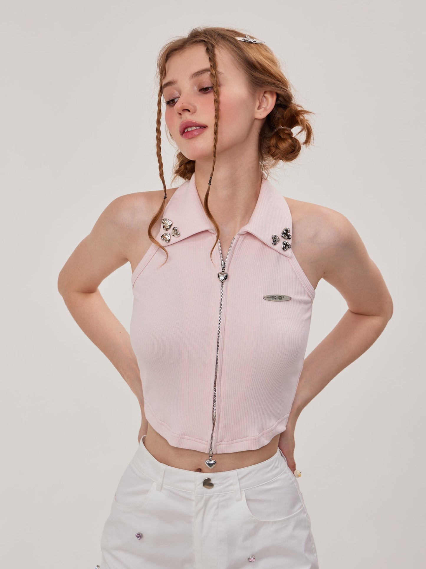 Diamond Halter Neck Zip Shirt