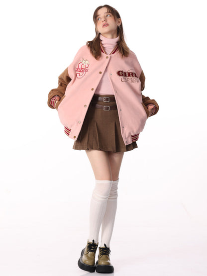 Thickened Pink Stitching Woolen Jacket