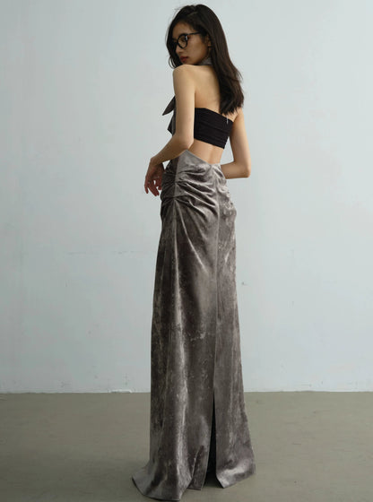 Velvet luster backless pleated maxi dress