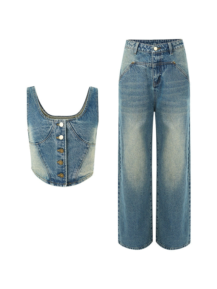 American Denim Wide Leg Short Vest Set-up