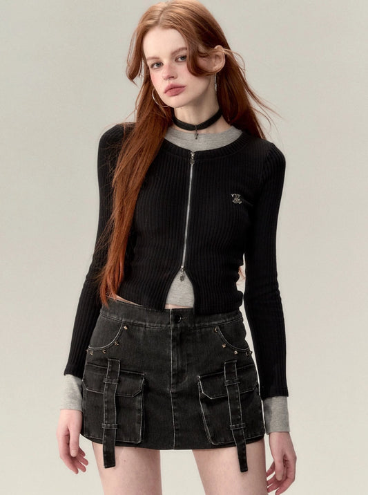 Cropped fake two-piece zipper knit top