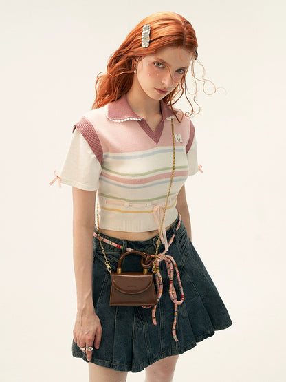 Fake two-piece striped short sleeve T-shirt