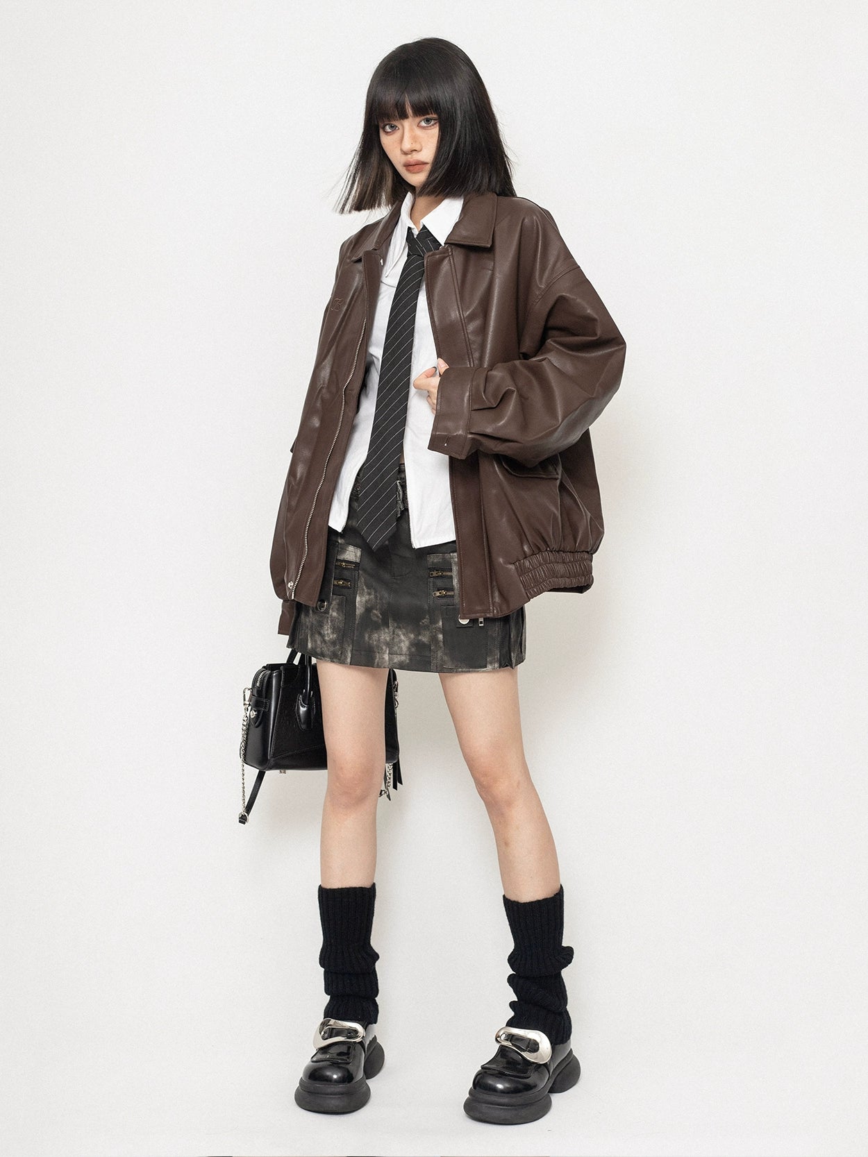 Loose Polo Collar Leather Coat